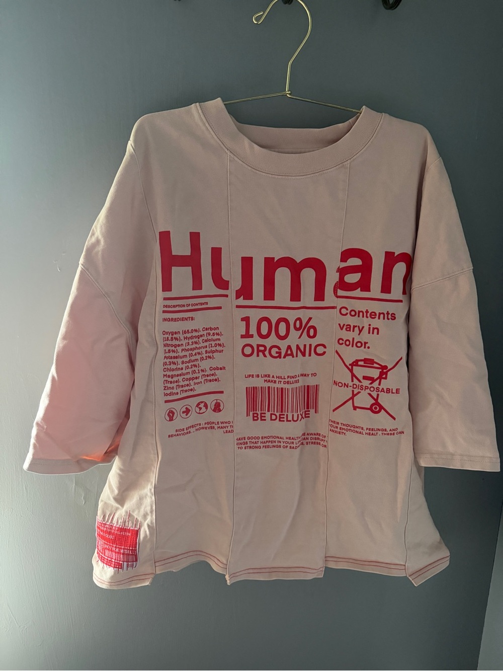 Human 100% Organic Pink short Sleeve Tee with Red Print